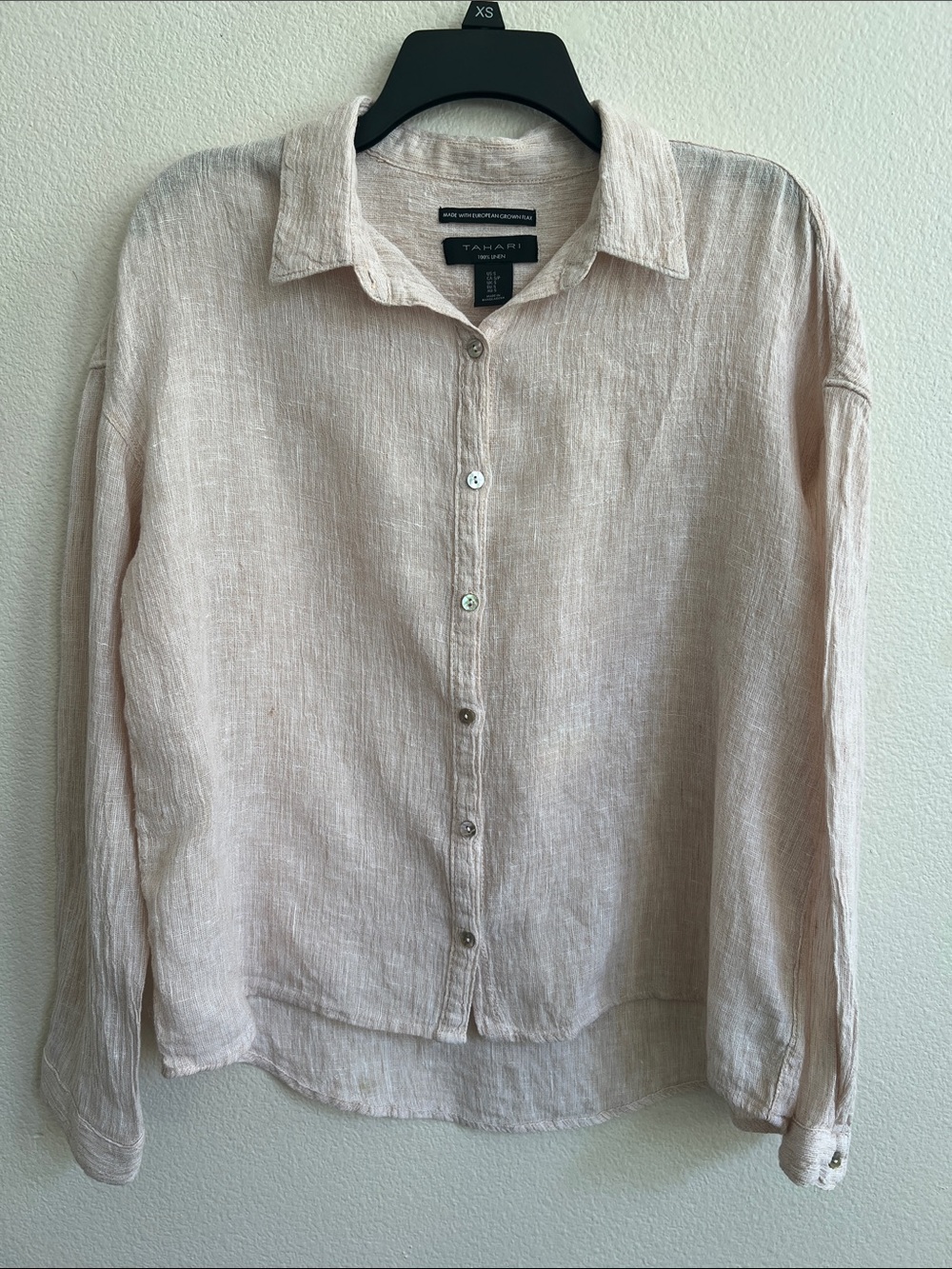TAHARI European Woven Flax Linen Button-Up L-Sleeve Shirt Natural Beige/White S